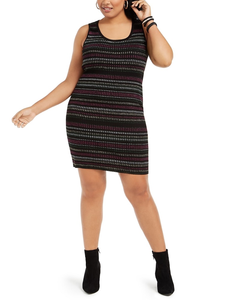 Front of a model wearing a size 2XL Planet Gold Women's Plus Size Metallic-Stripe Bodycon Dress Brown Size 2 Extra Large in Brown by Planet Gold. | dia_product_style_image_id:313086